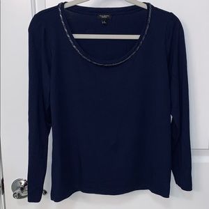Talbots Navy Beautiful Beaded Long Sleeve Tee